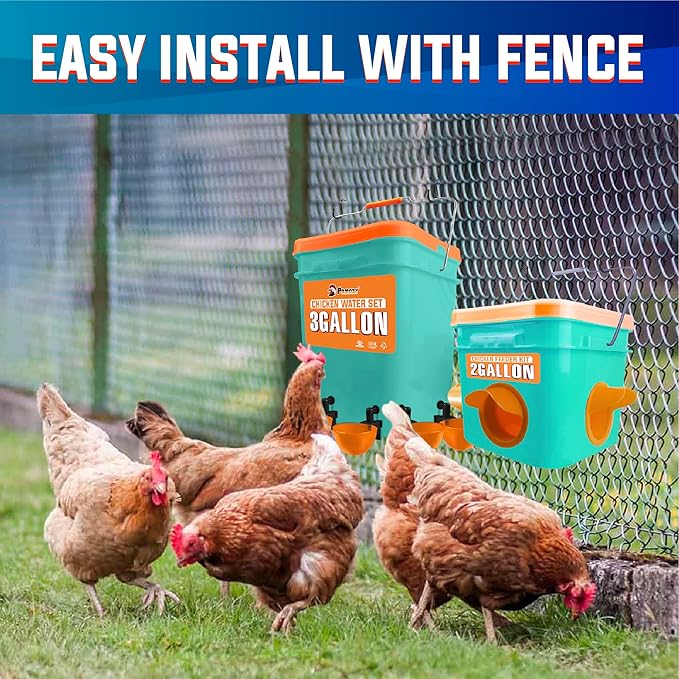 Automatic Chicken Feeder and Waterer Set(4 Buckets/2-3 gallons), Chicken Bucket Feeder Ports & Cup Waterer No Waste, Rain Proof Poultry Feeder, Avoid Small Animals, Suitable for Chicken, Duck, Turkey