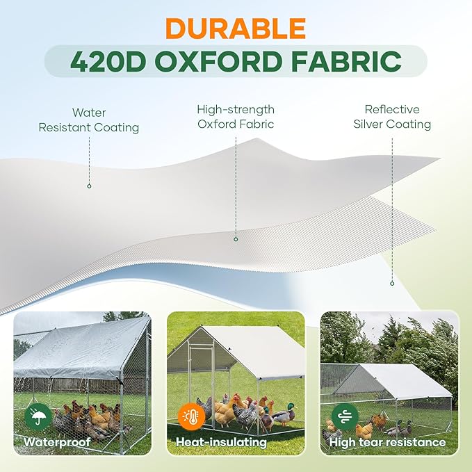 Large Chicken Coop for 10-20 Chickens Tri-Support Walk-in Chicken Pen Metal Chicken Fence Large Chicken Run for Yard with Cover Chicken Coops with Run House for Laying Hens Dome Roof 13x9.2x6.5 ft