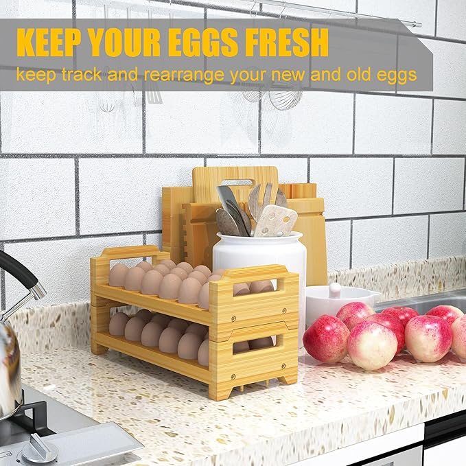 Bamboo Egg Holder Countertop - Stackable Design for Fresh Eggs, Farmhouse Egg Tray Storage Display Rack, Kitchen Counter Top Organizer Wooden Egg Stand, Fits Quail, Duck, Turkey, Chicken Eggs (Modern)