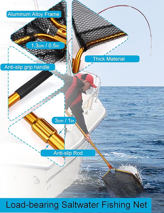 Beoccudo Extra Large Saltwater Fishing Net - 70.8"-105" Heavy Duty Telescopic Aluminum Handle, 37" Deep Snag-Free Rubber Mesh for Big Catfish Bass, Kayak Fishing Net with Carrying Bag