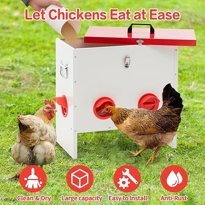 Automatic Metal Chicken Feeder Large Capacity 85 Lbs, No Waste 6-Ports Weather-Resistant & Animal-Proof Gravity Poultry Feeder for Chickens, Geese, Ducks, Turkeys, Quails