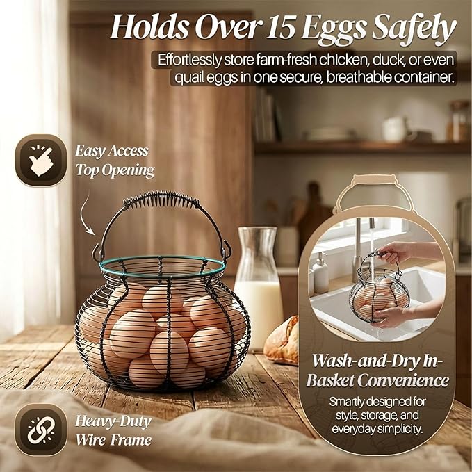 Flexzion Egg Basket for Gathering Fresh Eggs - Round Wire Countertop Egg Holder with Spring Handles, Farmhouse Chicken Eggs Collecting Basket Storage for Countertop, Kitchen Organizer and Farm (Black)