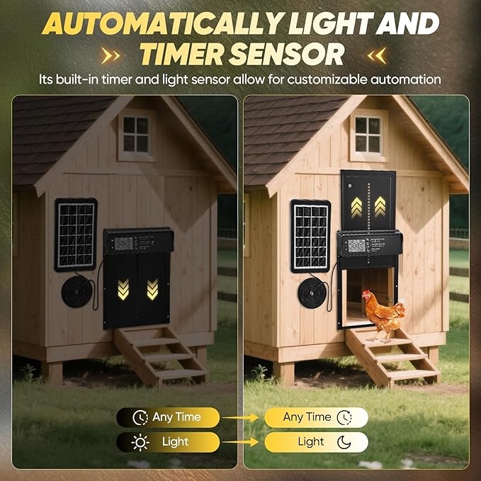 Automatic Chicken Coop Door Solar Powered, Automatic Chicken Door with Timer, Light Sensor, 4 Modes and LCD Display, Aluminum Alloy Auto Chicken Door, Anti-Pinch & Weather Proof