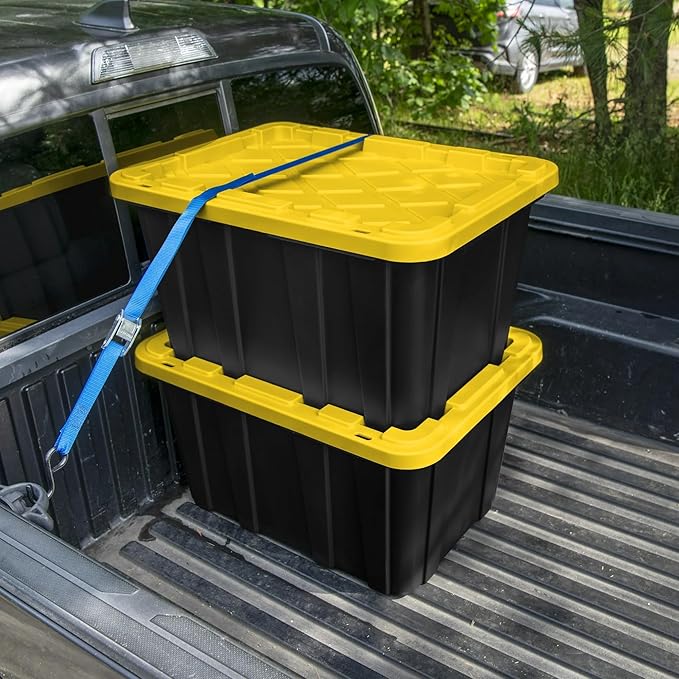 6-Pack Industrial Tote, 27 Gallon Stackable Plastic Storage Bins with Lids - Heavy-Duty Organizing Containers for Closet, Garage, Basement & Office，Black & Yellow