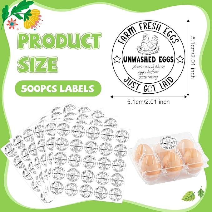 500PCS Farm Fresh Egg Carton Labels, 2 Inch Round Egg Carton Stickers, PET Self Adhesive Writable Farm Fresh Eggs Packaging Stickers for Chicken Quail Farmhouse Family(Style02)