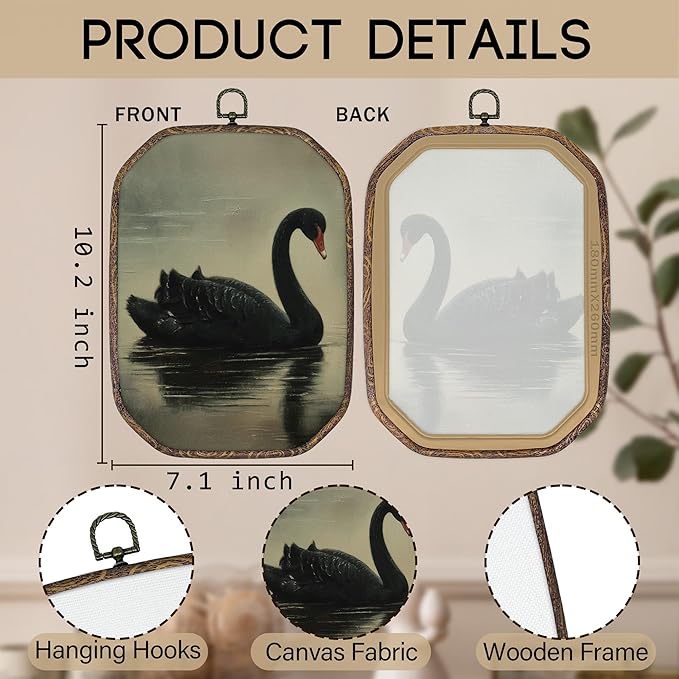 Yorhifa Vintage Black Swan Framed Wall Art, Antique Black Swan Oval Wall Art, Rustic Elegant Animal Oval Walls Decor, Retro Moody Canvas Artwork Hanging Decor, 7x10.2in
