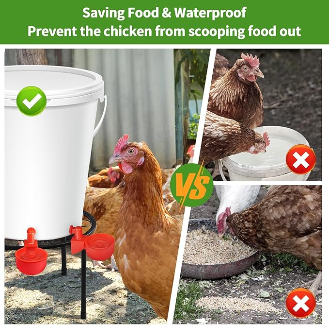 Chicken Water Feeder, 12 Pack Chicken Water Cup Waterer for Poultry, 1 Pack Metal Stand, Heavy Duty Round Iron Supports Rack for Barrel Racks, Poultry Watering Cups, for Coop Poultry Indoor Outdoor