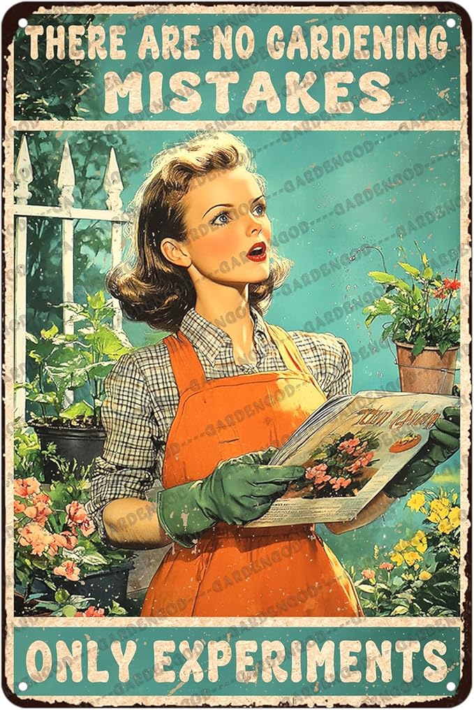 Vintage Garden Metal Sign Gardener Gardening Girl Poster There Are No Gardening Mistakes Only Experiments Metal Poster Garden Home Art Wall Decor 12x8 Inch