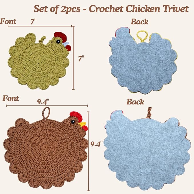 Handmade Crochet Chicken Trivets Set of 2, Chicken-Gifts, Valentine Gifts, Pot Holders, Heat Resistant Farmhouse Kitchen Home Decor, Cooking, Baking, Cute Desk Accessories, Tabletop Protection (2pcs)