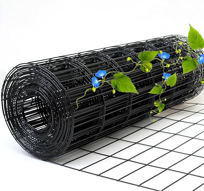 Black Metal Garden Fence, 48inch(H) x 100ft(L), 2 inch x 3 inch,14GA 2/3/4/5/6 Ft Tall Chicken Wire PVC Coated Welded Wire Mesh Roll for Dogs Border Yard Vegetable Plant Protection Poultry Netting