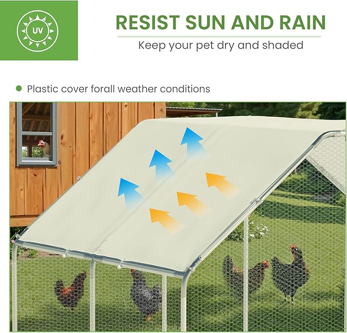 Large Metal Chicken Run, Chicken Coop with Lockable Door Flat Shape Walk-in Chicken Hen House with Waterproof & Anti-UV Cover for Duck Rabbit Habitat Cage Outdoor Poultry Cage for Yard Farm