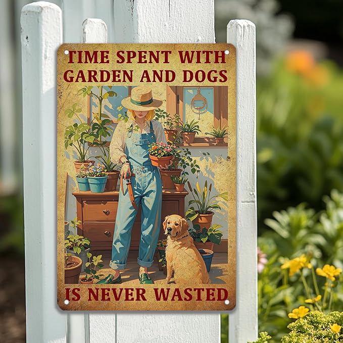 Vintage Garden Time Spent with Garden and Dogs is Never Wasted Metal Tin Sign 8x12 Inch Home Restaurant Wall Decor