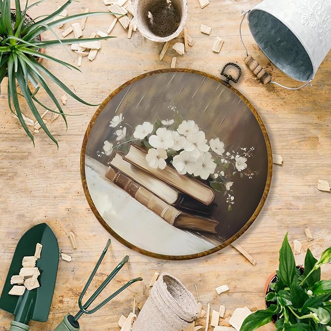 Hiuwevt Vintage White Floral Book Round Wall Art Decor, Neutral Shabby Chic Books Hanging Canvas Prints Artwork Framed, Rustic Bookish Circular Wall Decor for Library Reading Nook Room, 10x10 Inch