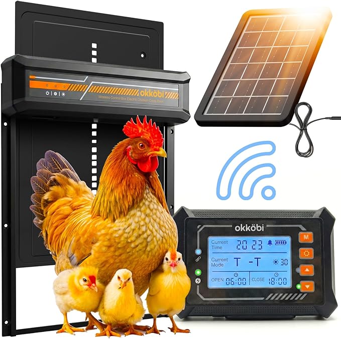 Wireless Automatic Chicken Coop Door – Solar Powered – LCD Display, Timer & Light Sensor – Anti-Pinch, All-Weather Aluminum – 5-Year Protection - Okköbi