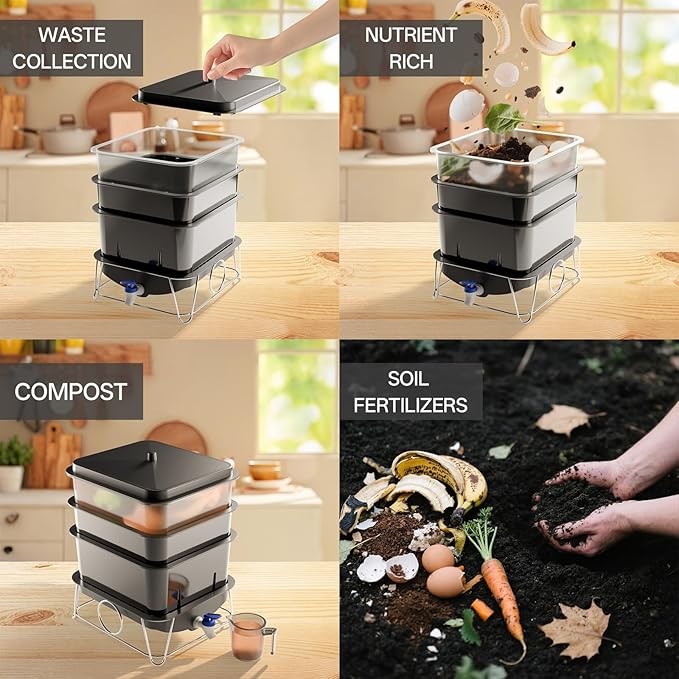 3-Tray 15L Worm Farm Composting Bin with Tool Set - Efficient Indoor/Outdoor Composter for Organic Waste Recycling, Beginner-Friendly Kit for Healthier Plants (Black)