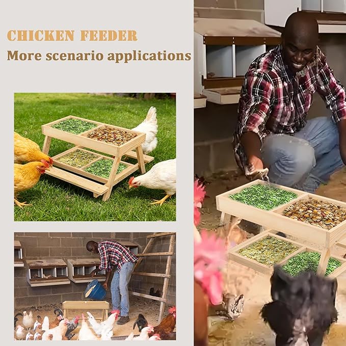Chicken feeder,squirrel picnic table feeder,poultry feeder,chicken coop decor,Chicken Feeder No Waste Kit with Picnic Table,Two stainless steel mesh screens keep food clean and dry (wood color)