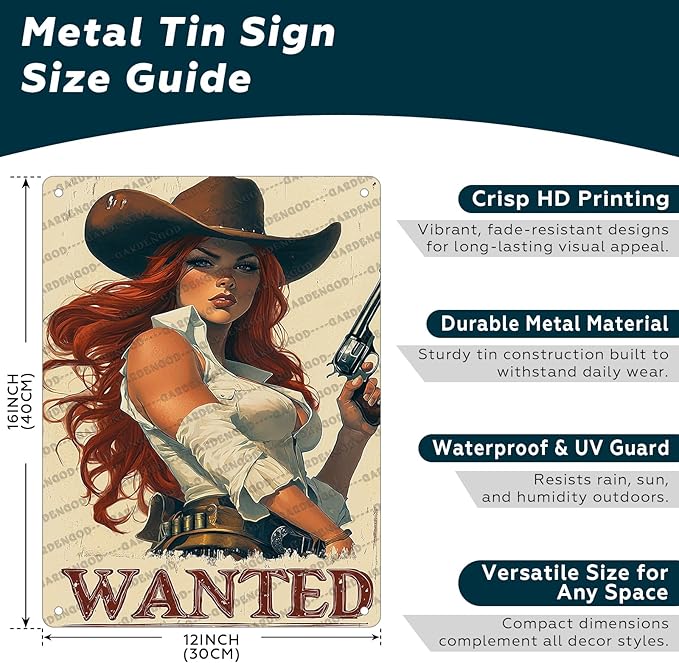HARIKUIYIN Rustic Cowgirl Metal Tin Sign Wall Art Retro Western Decor Wanted Pin Up Girl Sign 16x12 Inch