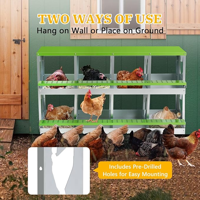Chicken Nesting Box for Laying Eggs,Wall-Mountable Chicken Coop Nesting Boxes,8 Hole Roll Away Nesting Boxes,with Large Vented Holes,for Chickens,Ducks,Large Egg Laying Boxes (Green 8 Hole)