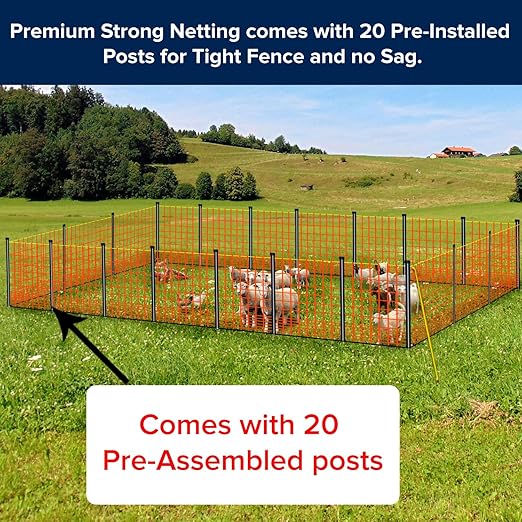 Premium Electric Fence Poultry Netting 49” x 164’ Pre-Assembled with 20 Posts, Portable, Waterproof, Semi-Rigid Electric Fence kit for Livestock Animals in Farms and Backyards
