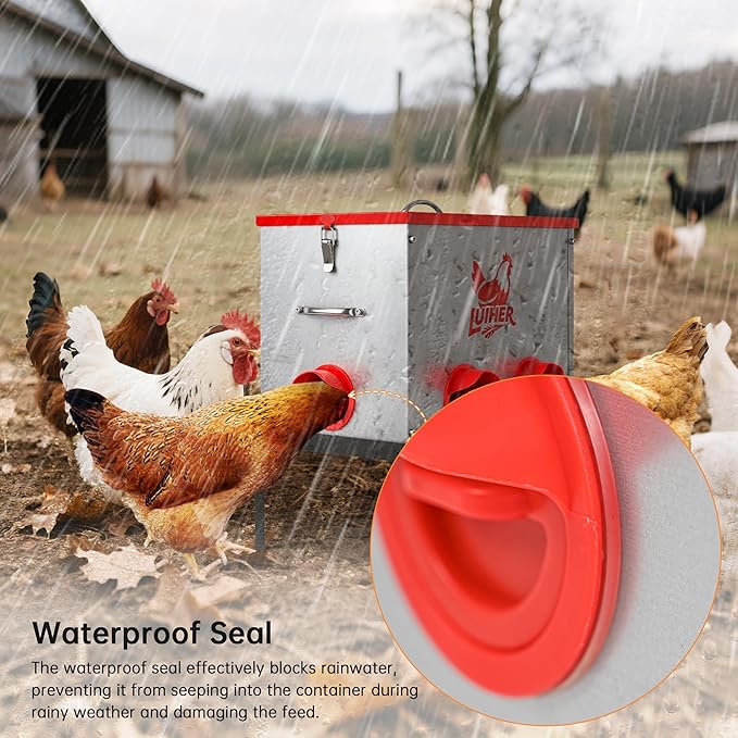 chicken food dispenser 25LB no waste chincken feeder 6 Ports Large Capacity Galvanized Metal Poultry Feeder with Legs and Lids - Reduces Refilling Frequency Chicken Feeding Equipment for Hen Coop