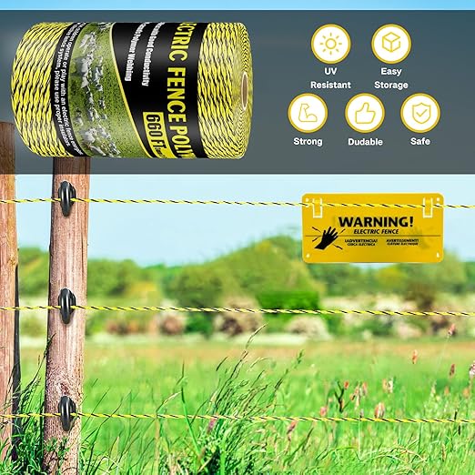 Upgrade Electric Fence Polywire 660FT,200 Meters, 6 Stainless Steel Strands for Reliable Conductivity, Portable Electric Fencing, UV Resistant, Rust Resistant, Highly Conductive, Easy to Install