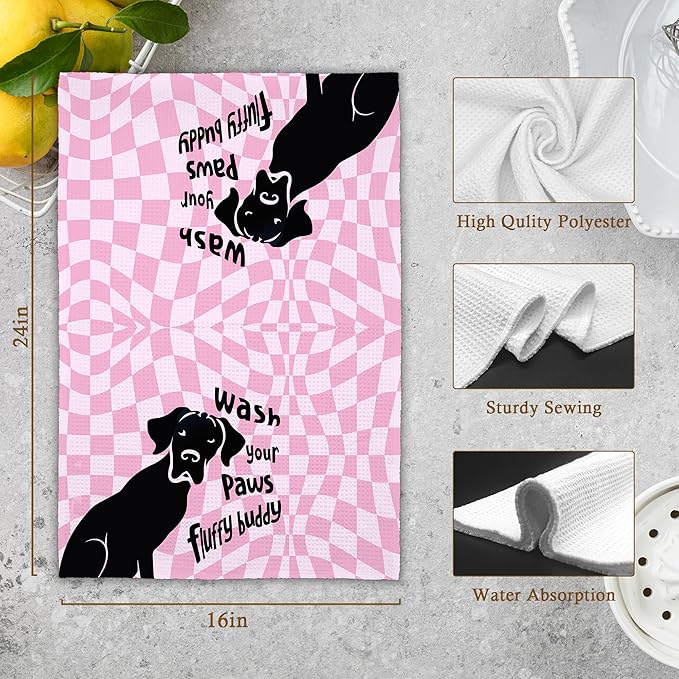 Pink Cute Dog Labrador Bathroom Kitchen Towels, Checkered Wash Your Paws Hand Towel for Bathroom, Funny Gifts for Dog Lovers, Trendy Preppy Dish Towels Decor for Dorm Girly Room 16x24in