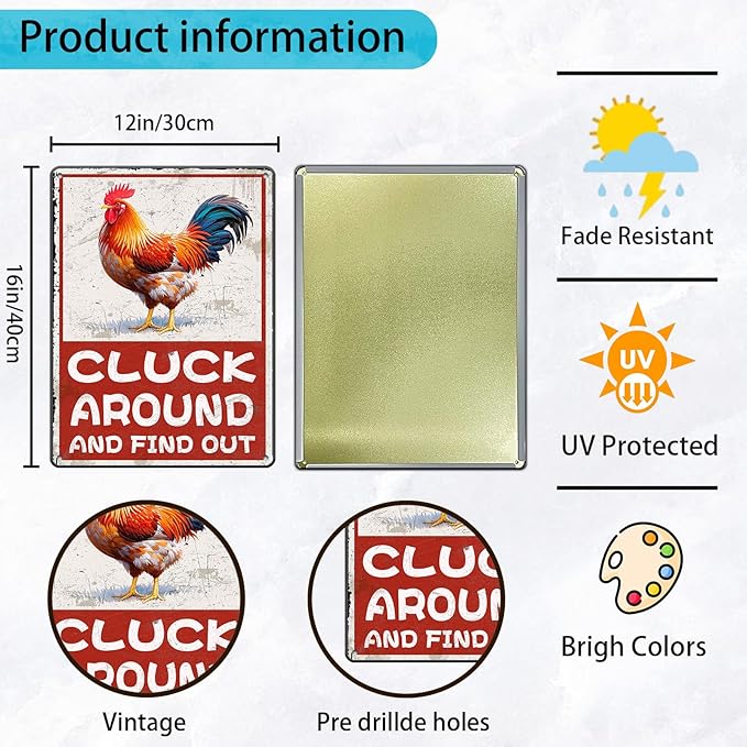 Cluck Around And Find Out Humorous Chicken Metal Tin Sign 12x16 Inch Farm Warning Poster Chicken Farm Tin Sign Home Kitchen Garden Cafe Office Shop Are Wall Decor