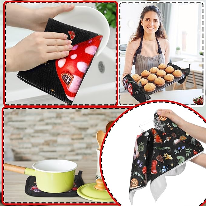 10 Pcs Kitchen Dish Towels Rugs Oven Mitts and Pot Holders Set Farmhouse Kitchen Decor Set for Women Mom Daughter Gift Cooking Baking Grilling(Dark Colors,Mushroom)