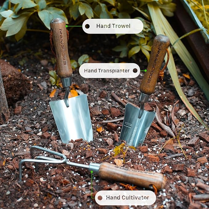 GOODSMANN Garden Tools Set, 3 Piece Stainless Steel Gardening Kit, Hand Trowel, Marker Measurements Transplanter and Cultivator Garden Hand Shovel for Digging Weeding Planting Turning Soil