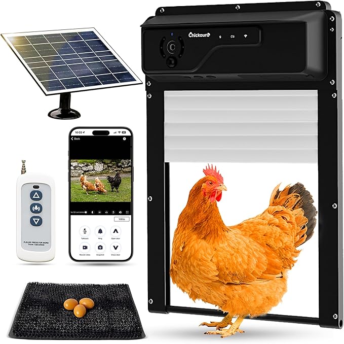 Automatic Chicken Coop Door Solar Powered with Nesting Pad - Waterproof Chicken Door with Timer, HD Camera, Anti-Pinch Protection, Mobile App & Remote Control, Alarm System, Mic & Speaker