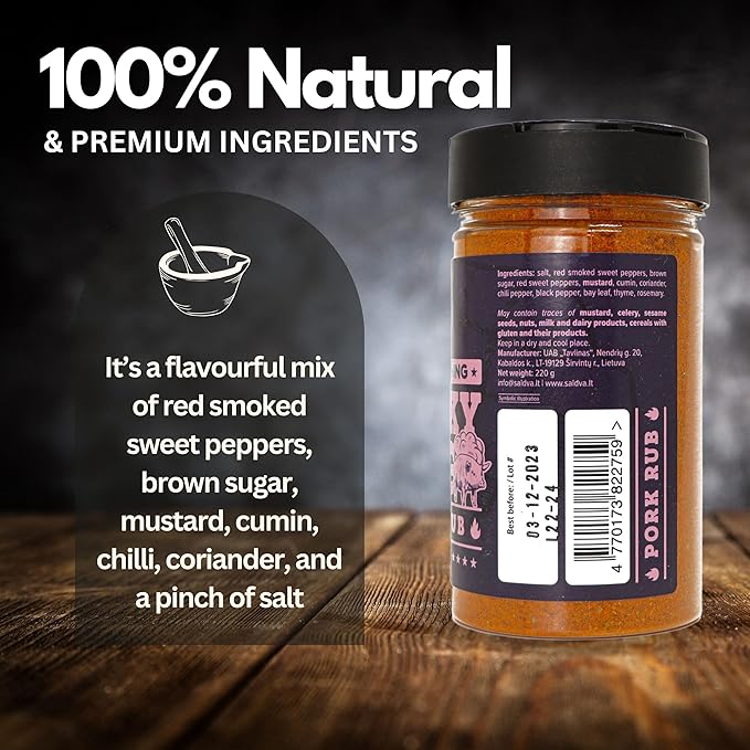 Smoky Pig BBQ Pork Rub - 100% Natural Seasoning - Perfect Blend Of Spices For Smoky BBQ And Grill Pork Dishes - Large Jar (220g)
