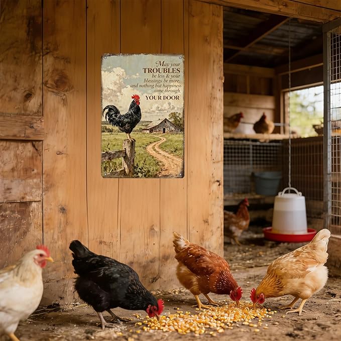 Funny Chicken Signs Farmhouse Rooster Crowing Farm Fence Aluminium Metal Chicken Signs Decor Home Farm Wall Decor for Coop Poster 16x12 Inch