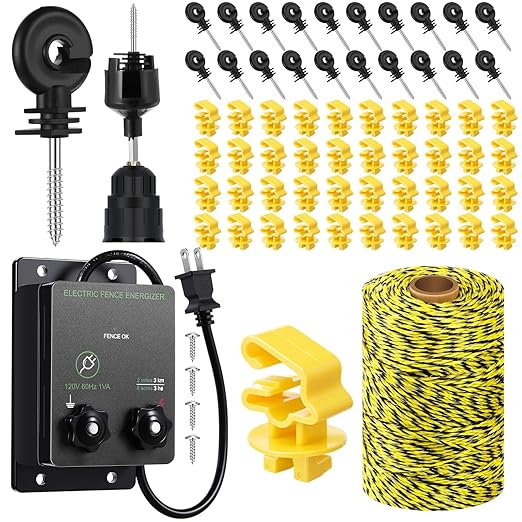 63 Pcs Electric Fence Kit Include 2-Mile Electric Fence 5000v 0.1joule 20 Insulator 1 Socket Tool 200m Polywire 40 T Post Insulators Socket for Predator Protection