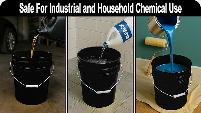 5-Gallon Bucket Only – No Lid Included, Made in USA, Food Grade BPA Free Plastic, Heavy Duty Multi-Use, Metal Handle with Grip, Stackable Storage – Black, 3 Pack