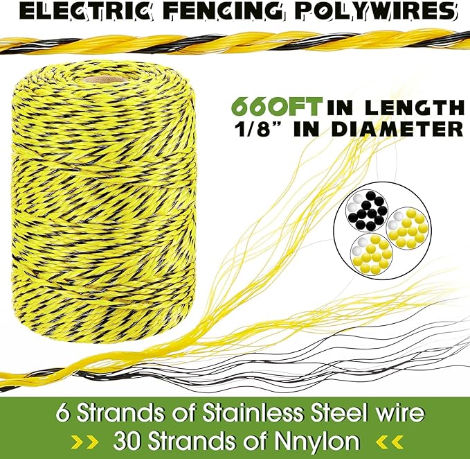 Sweetude 660 Feet Electric Fence Polywire and 100 Pcs Electric Fence Insulator with 1 Pcs Insulator Socket Tool Resistant Glove Electric Fence 6 Stainless Steel Strands for Fence Landowner Farmer