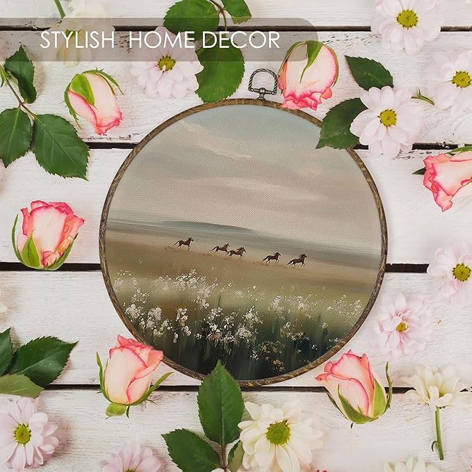 Fewgb Wild Horse Wildflower Round Wall Art Decor Framed, Vintage Farmhouse Country Landscape Canvas Wall Art Prints Picture, Rustic Cottagecore Hanging Room Decor Artwork for Gallery Bedroom 10x10