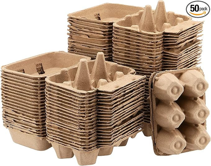 SINJEUN 50 Pack Egg Cartons, 6 Count Pulp Fiber Empty Egg Carton, Eggs Storage Containers for Family, Farm, Travel, Market, Brown