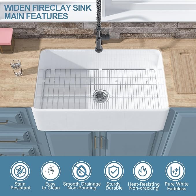 White Farmhouse Sink 33 x 20 Inch, Large Firecaly Apron Front Undermount Farm Sink Heavy Duty Deep Single Bowl, with Custom Accessories 2 Types, Pure White, for Kitchen