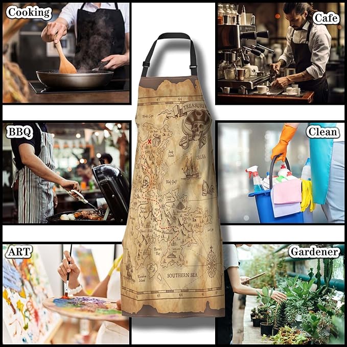 Baking Apron for Women Pirate Treasure Map Fun Aprons for Men for Kitchen Cooking Restaurant BBQ Painting Crafting 27” (W) x 31” (H), Waterproof Aprons