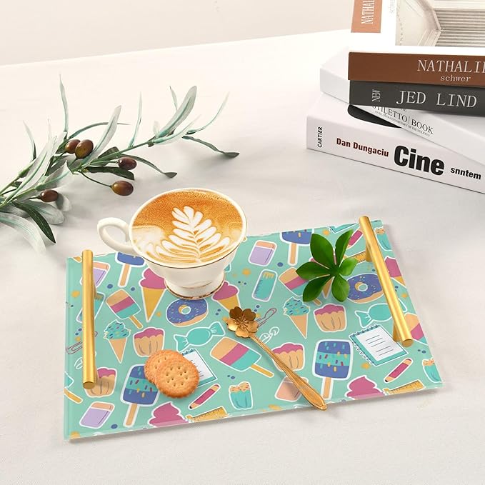 Bathroom Vanity Tray Counter Organizer, Stationery and Sweets Pattern Decorative Tray with Handles Countertop Storage for Bathroom Bedroom Kitchen Home Farmhouse
