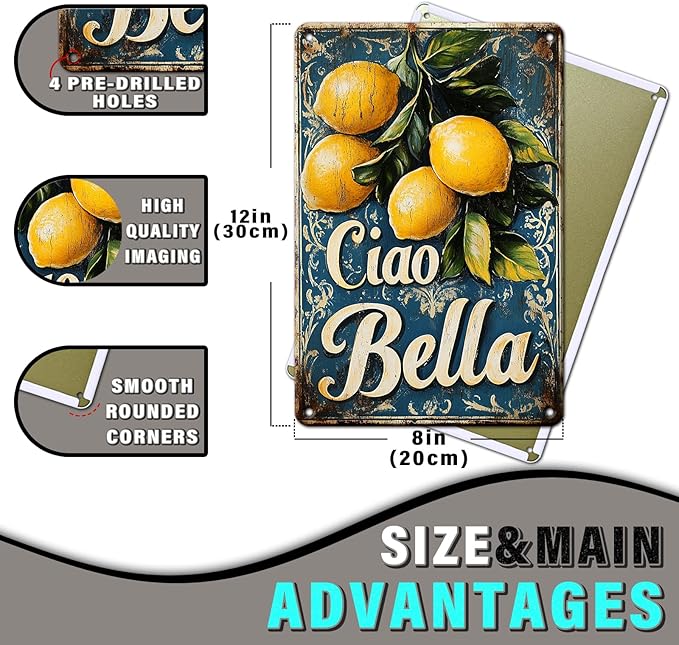 PEACHGARDEN Italian Kitchen Decor Lemon Metal Sign Ciao Bella Poster Italian Wall Decor for Home Kitchen Bar Man Cave Pub Club 8x12inch
