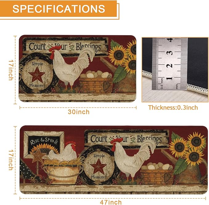Roszwtit Farmhouse Kitchen Rugs and Mats Set of 2, Farm Rooster Kitchen Mat, Seasonal Holiday Cooking Sets Washable Non-Slip Floor Mats for Home Kitchen Decor - 17x29 and 17x47 Inch