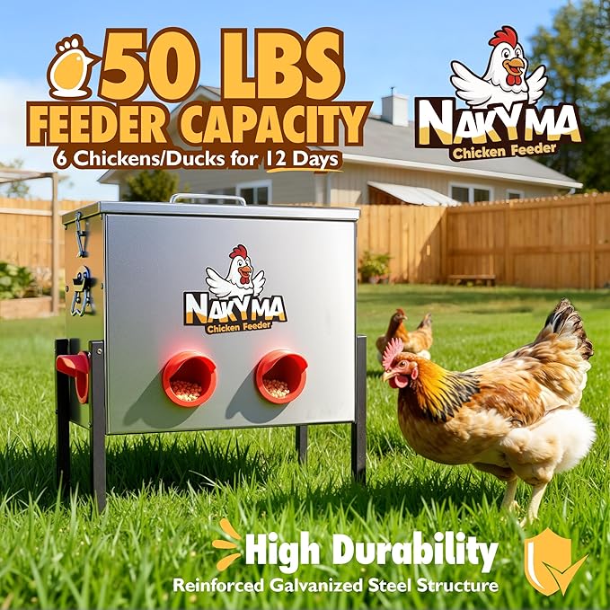 Automatic Chicken Feeder - 50 LBS 6 Ports Large Capacity Metal Poultry Feeder, Auto Food Dispenser Chicken Feeders No Waste for 6-12 Chickens 10 Days with Leg & Weatherproof Lid