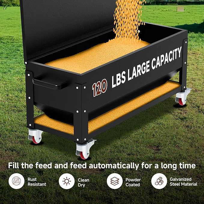 Automatic Metal Chicken Feeder,120lb Large Capacity Heavy Duty Gravity Chicken Feeder Box with Weatherproof Lid Brake Casters,Portable Chicken Feede No Waste Poultry Feeder for Ducks, Geese