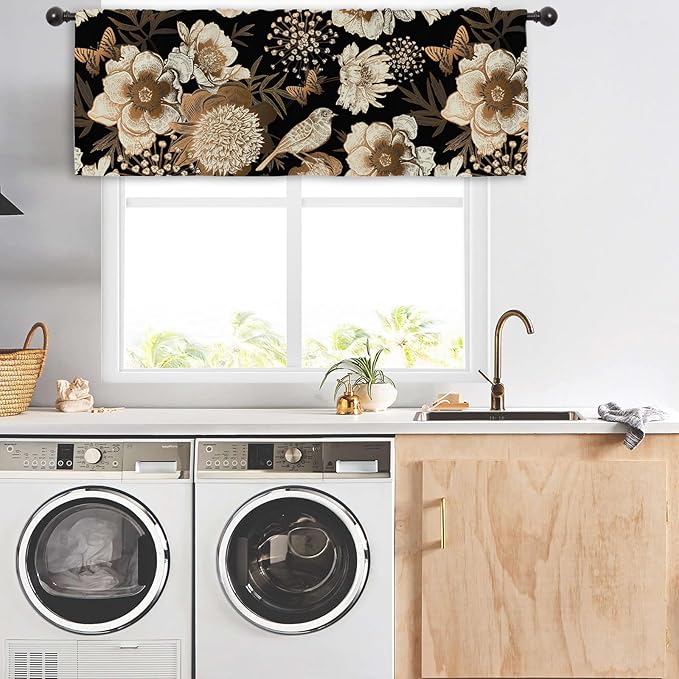 Miyotaa Black Flower Kitchen Curtain Valance 54W x 18H Rod Pocket Vintage Bird Butterfly Botanical Retro Plant Blossom Window Treatment for Living Room Bedroom Bathroom