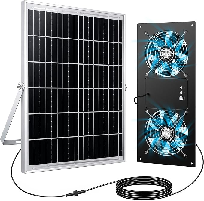 Solar Fan for Chicken Coop, ropelux Solar Powered Dual Exhaust Fans with 12000mAh Battery & 2 Timers, 24/7 Strong Airflow Cooling Ventilation for Greenhouses, Dog Houses, Attics, Sheds, Cabins
