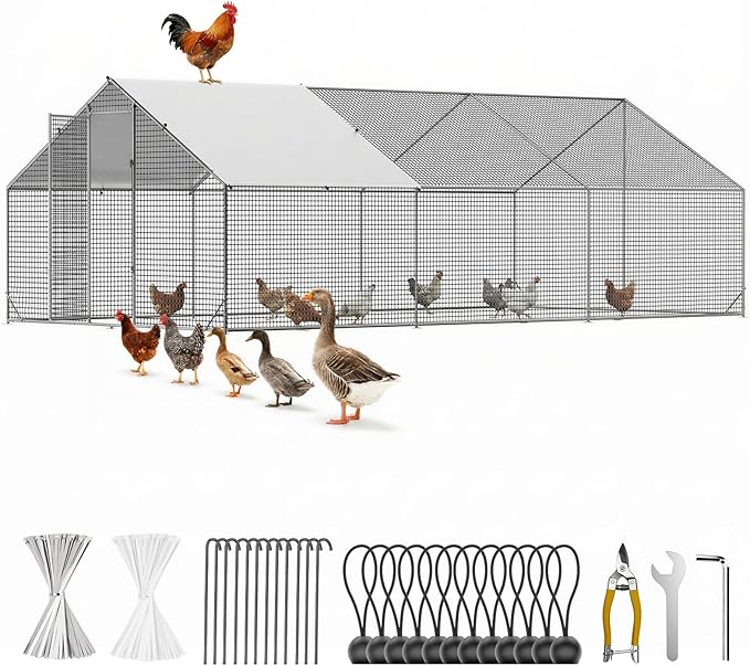 Metal Chicken Coop with Run, 19.7x9.8x6.6ft, Walk-in Chicken Run for Yard with Cover, Upgrade Double Lock & Rust-Proof Mesh, Stainless Steel Ties, Easy Assembly, Chicken Pen for Ducks, Rabbits