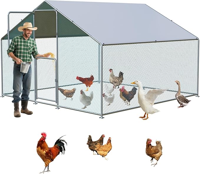LotFun Metal Chicken Coop, Outdoor Chicken Runs for Yard with Waterproof & Anti-UV Cover, Double Lockable Doors, Outdoor Hen/Duck/Rabbit Runs for 10-30 Chickens (79.2 x 79.2 x 117.6 in)