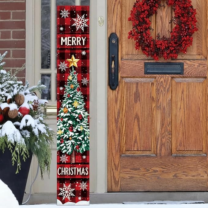 47" Large Christmas Porch Sign Red Buffalo Plaid Welcome Sign Wooden Tall Christmas Porch Decor Leaner Front Door Decor for Rustic Farmhouse Xmas Holiday Outdoor Home Yard Gift