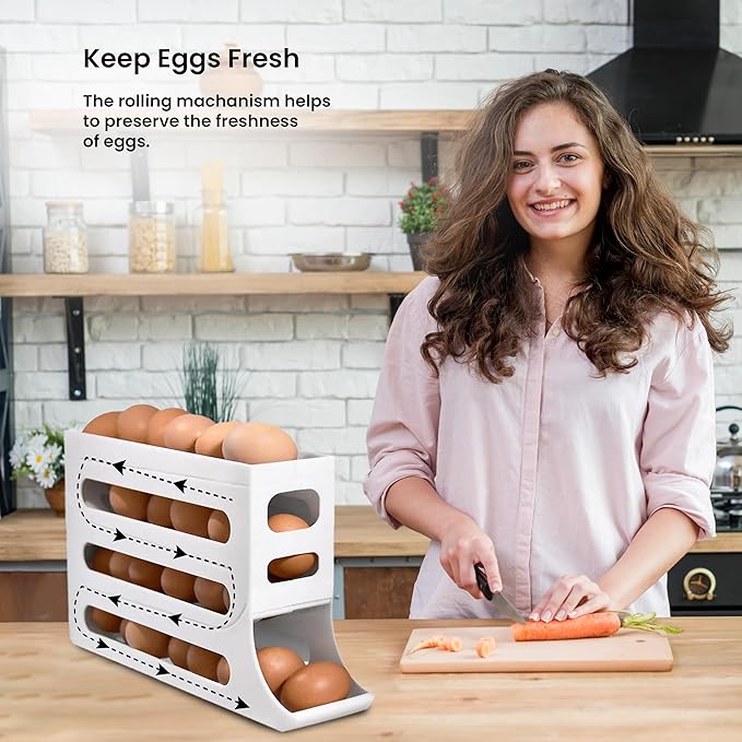 ZAYLAN Egg Holder for Fridge, Auto Rolling Egg Roller/Dispenser/Organizer/Storage Container, Space-Saving 4-Tier Egg Tray for 28 Eggs, Refrigerator, Kitchen & Countertop with Flower Egg Cutter (WHITE)